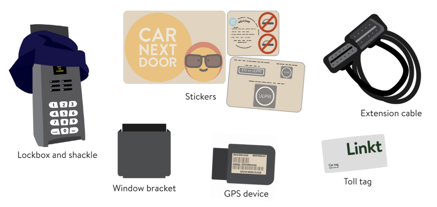 Instant Keys kit comes with an electric lockbox, toll tag, GPS tracker, stickers, extension cable and window bracket